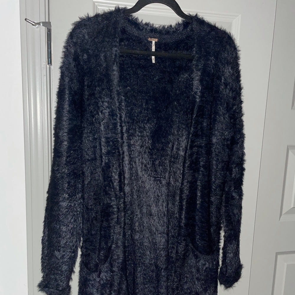 Free People Black Faux Fur Cardigan